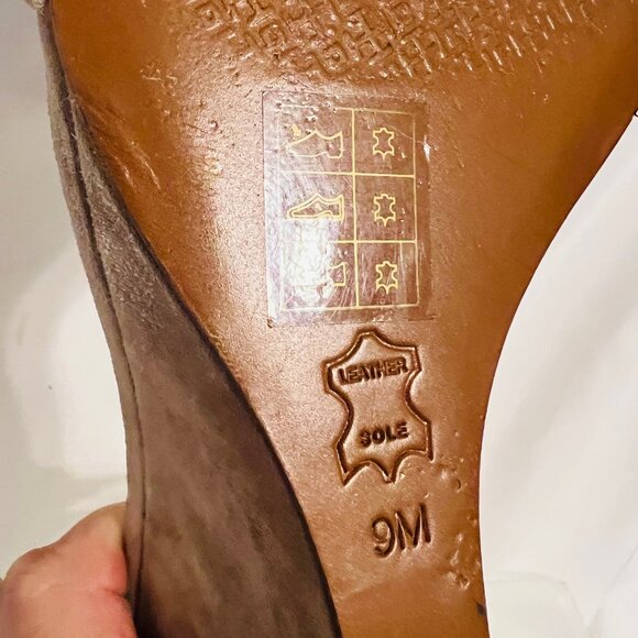 Tory Burch-3" Wedge Heels-Light Taupe/Tan-Size 9-Strap Ankle-Leather/Suede Mix - Picture 15 of 16